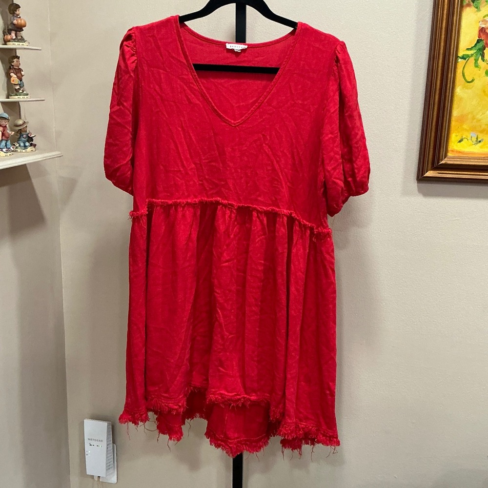 JODIFL Dress Babydoll Mini Size M Red Linen Blend Frayed Hem V-Neck Puff Sleeve